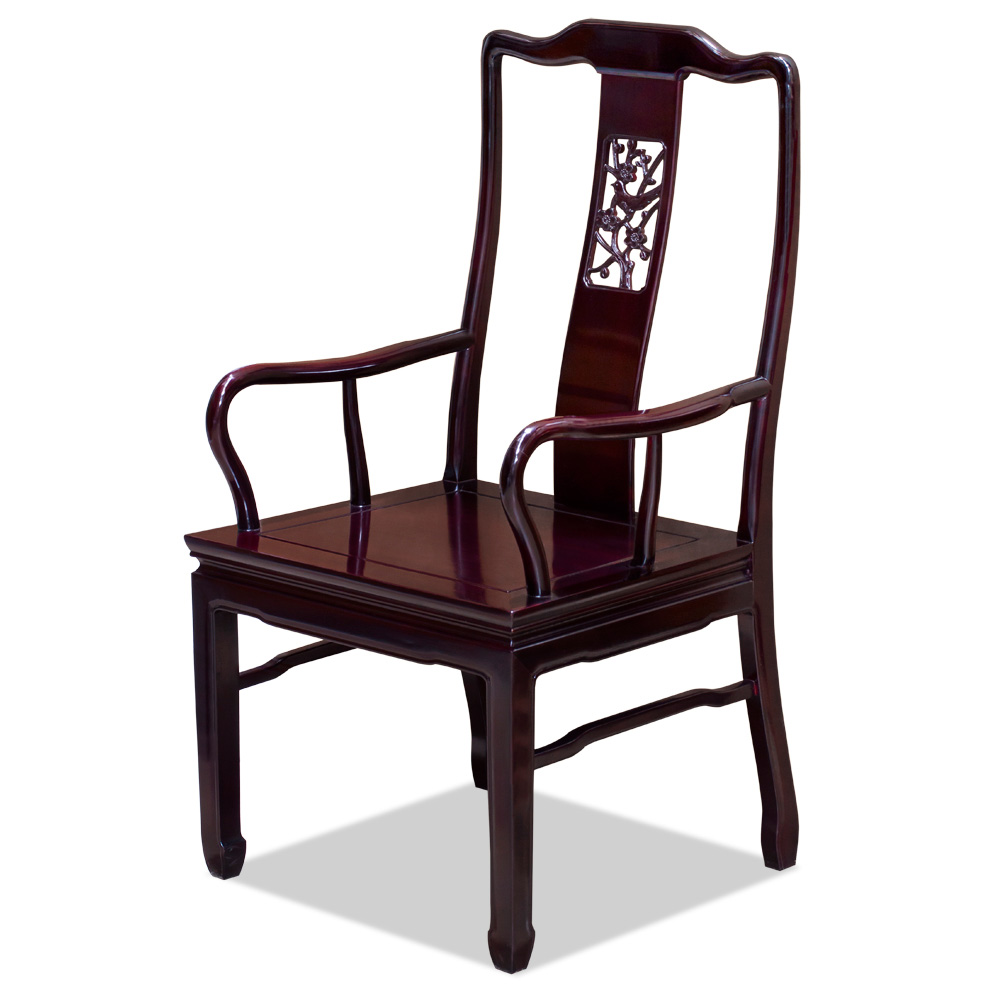 Dark Cherry Rosewood Flower and Bird Oriental Arm Chair