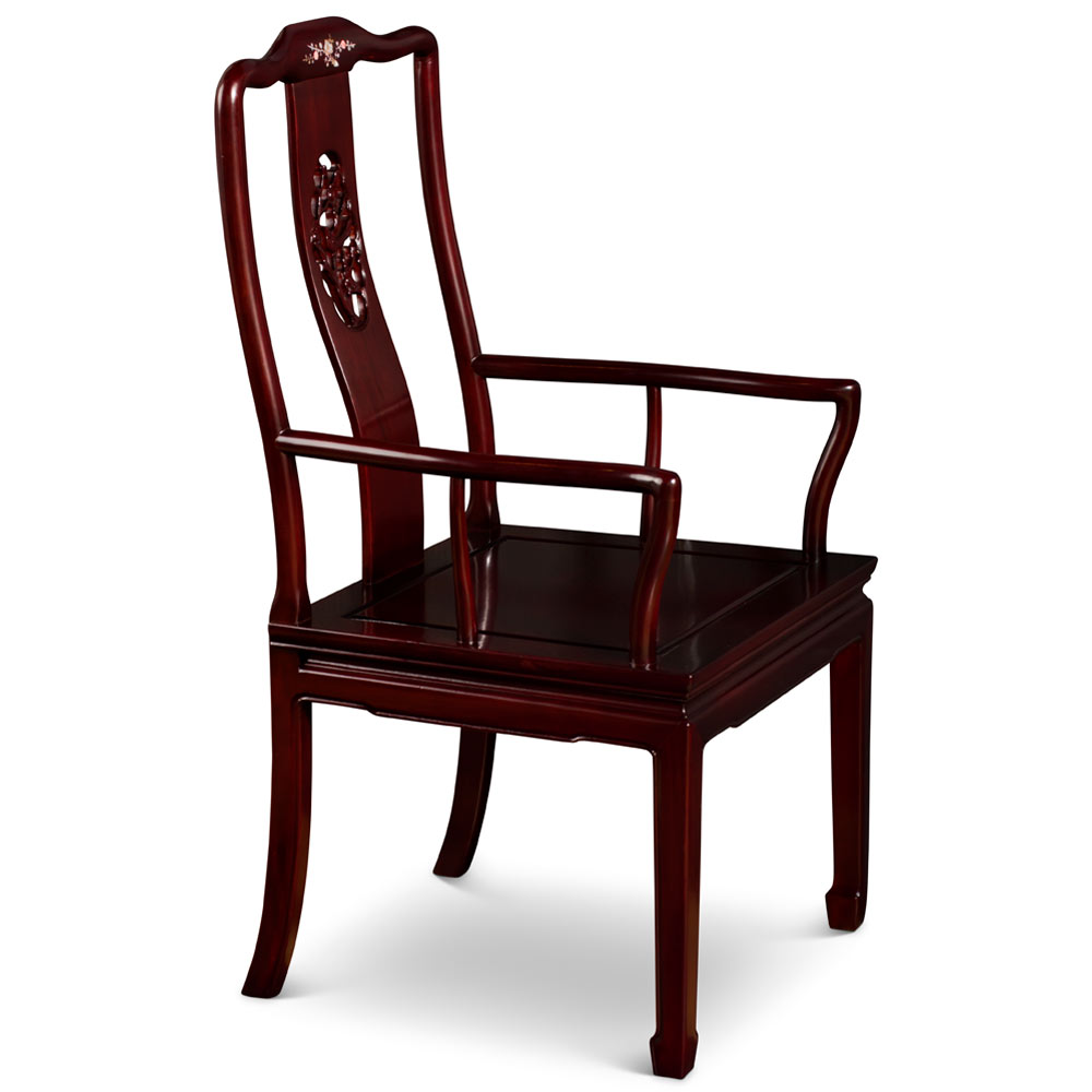 Dark Cherry Rosewood Bird and Flower Oriental Armchair