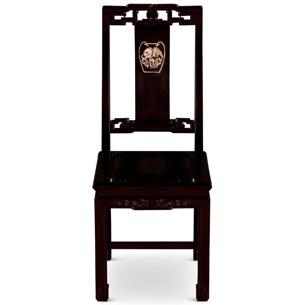 Dark Cherry Rosewood Mother of Pearl Chinese Foo Dog Motif Ning-Bo Side Chair