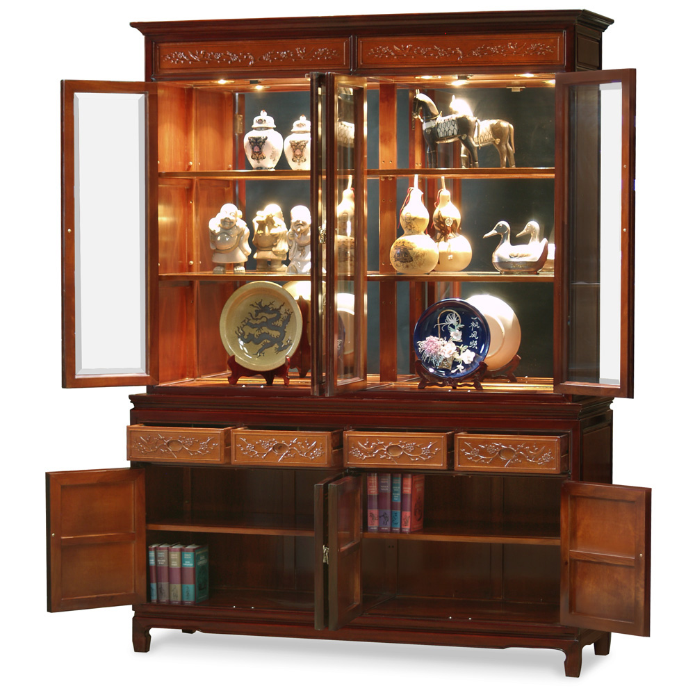 Mahogany Trim Natural Finish Rosewood Flower and Bird Oriental China Cabinet