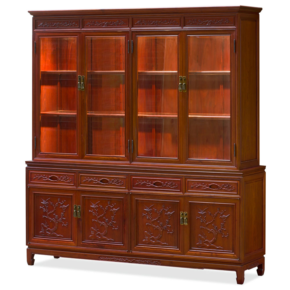 Light Cherry Finish Rosewood Flower and Bird Oriental China Cabinet