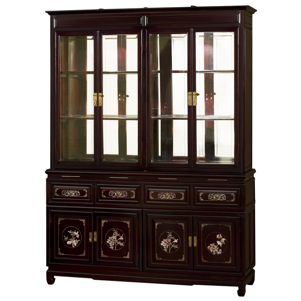 Dark Cherry Rosewood Oriental China Cabinet with Mother of Pearl Inlay