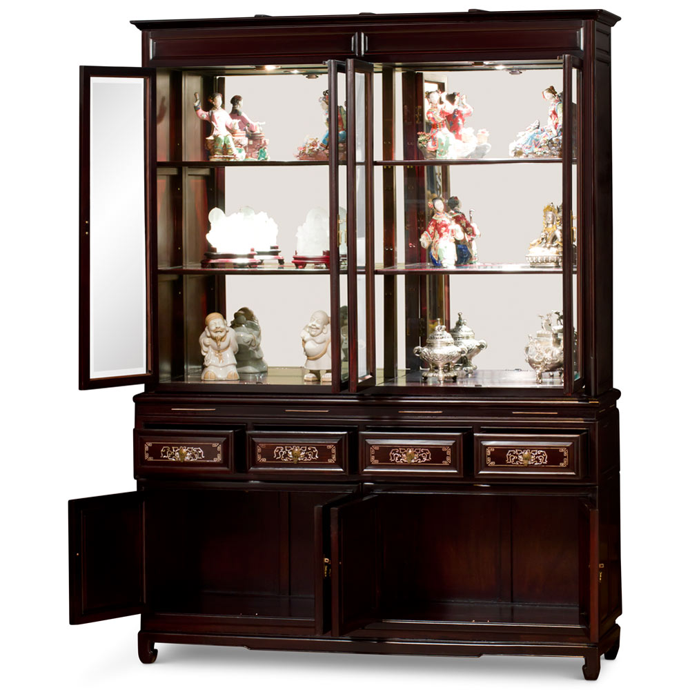 Dark Cherry Rosewood Oriental China Cabinet with Mother of Pearl Inlay