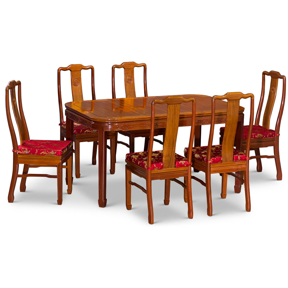60in Natural Finish Rosewood Chinese Longevity Rectangle Dining Set with 6 Chairs