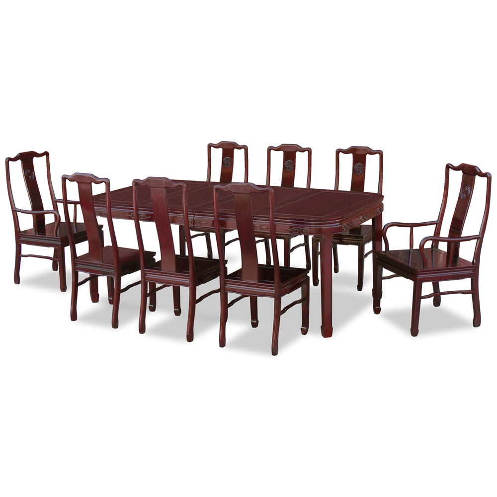 Dark Cherry Rosewood Chinese Longevity Rectangle Dining Set with 8 Chairs