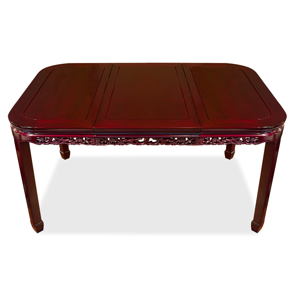 Dark Cherry Rosewood Flower and Bird Rectangle Oriental Dining Set with 6 Chairs