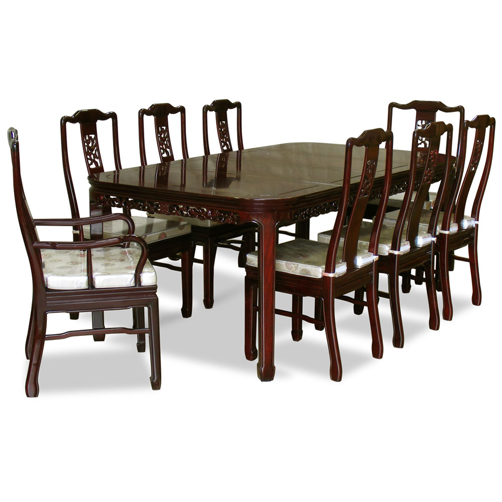 Dark Cherry Rosewood Flower and Bird Rectangle Oriental Dining Set with 8 Chairs