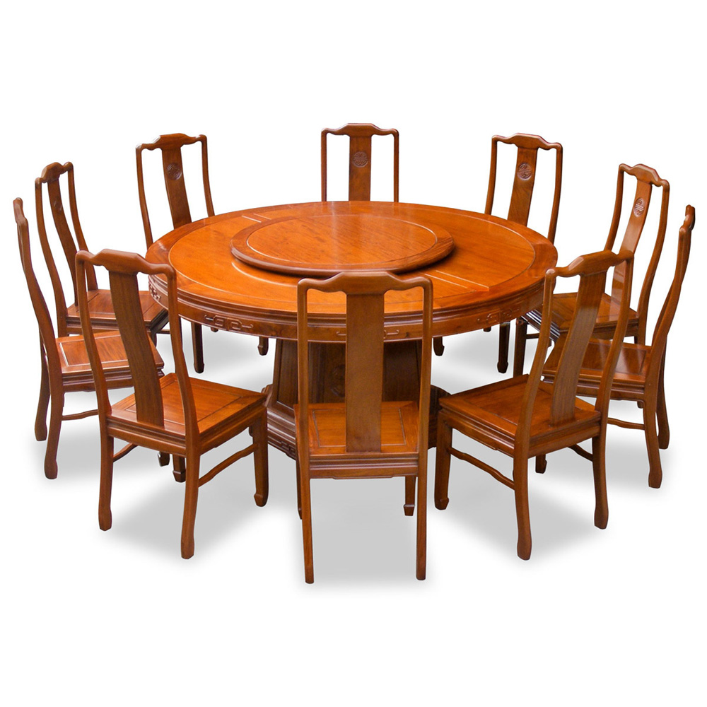 Natural Finish Rosewood Chinese Longevity Round Dining Set with 10 Chairs