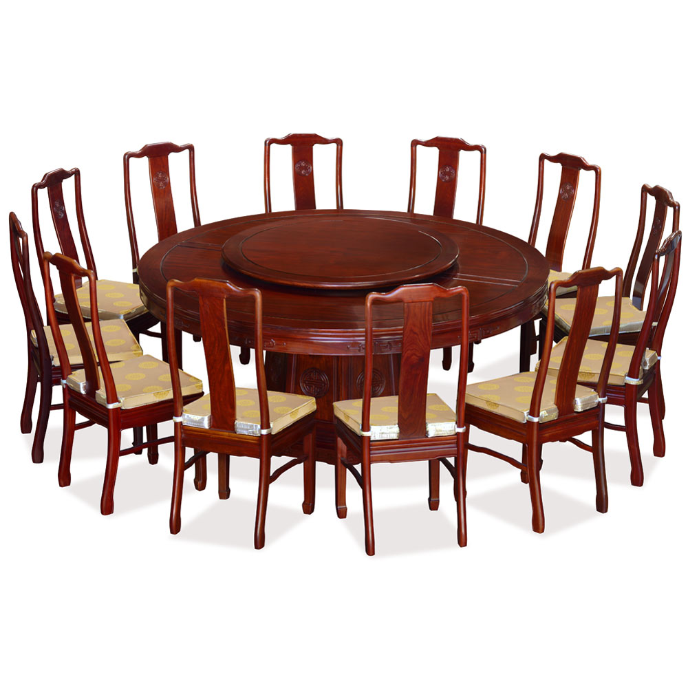 72in Red Cherry Finish Rosewood Longevity Motif Round Oriental Dining Set with 12 Chairs