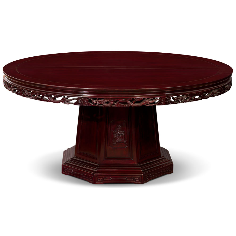 Dark Cherry Rosewood Dragon Motif Chinese Round Dining Set with 10 Chairs