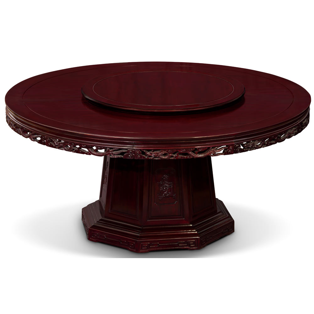 Dark Cherry Rosewood Dragon Motif Chinese Round Dining Set with 10 Chairs