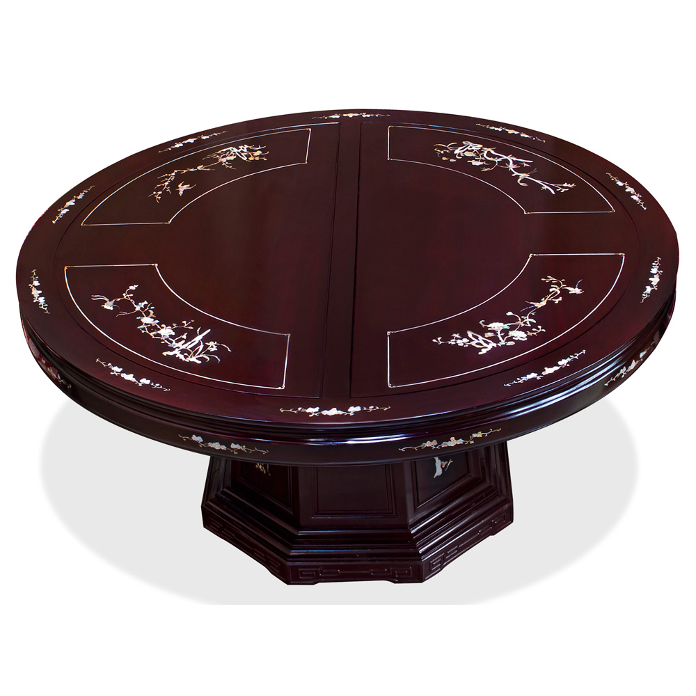 Dark Cherry Rosewood Mother of Pearl Inlay Round Dining Set with 10 Chairs