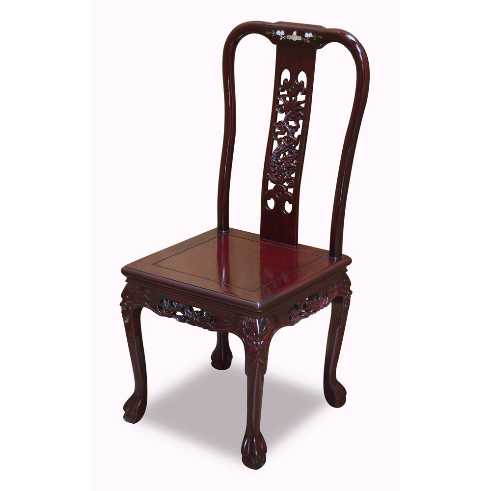 Dark Cherry Rosewood Queen Anne Dragon and Mother of Pearl Inlay  Round Dining Set  with 10 Chairs