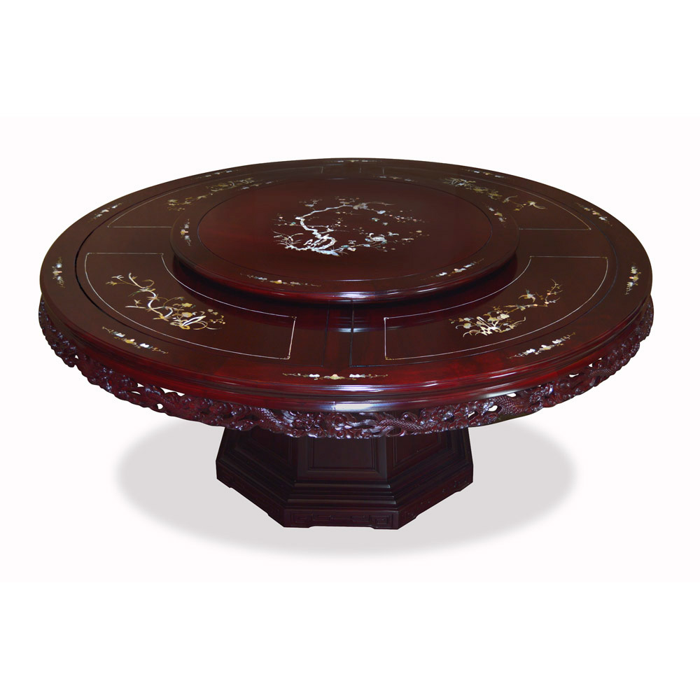 Dark Cherry Rosewood Queen Anne Dragon and Mother of Pearl Inlay  Round Dining Set  with 10 Chairs