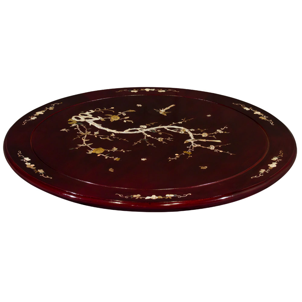 32in Dark Cherry Rosewood Chinese Lazy Susan with Bird and Flower Motif Mother of Pearl Inlay