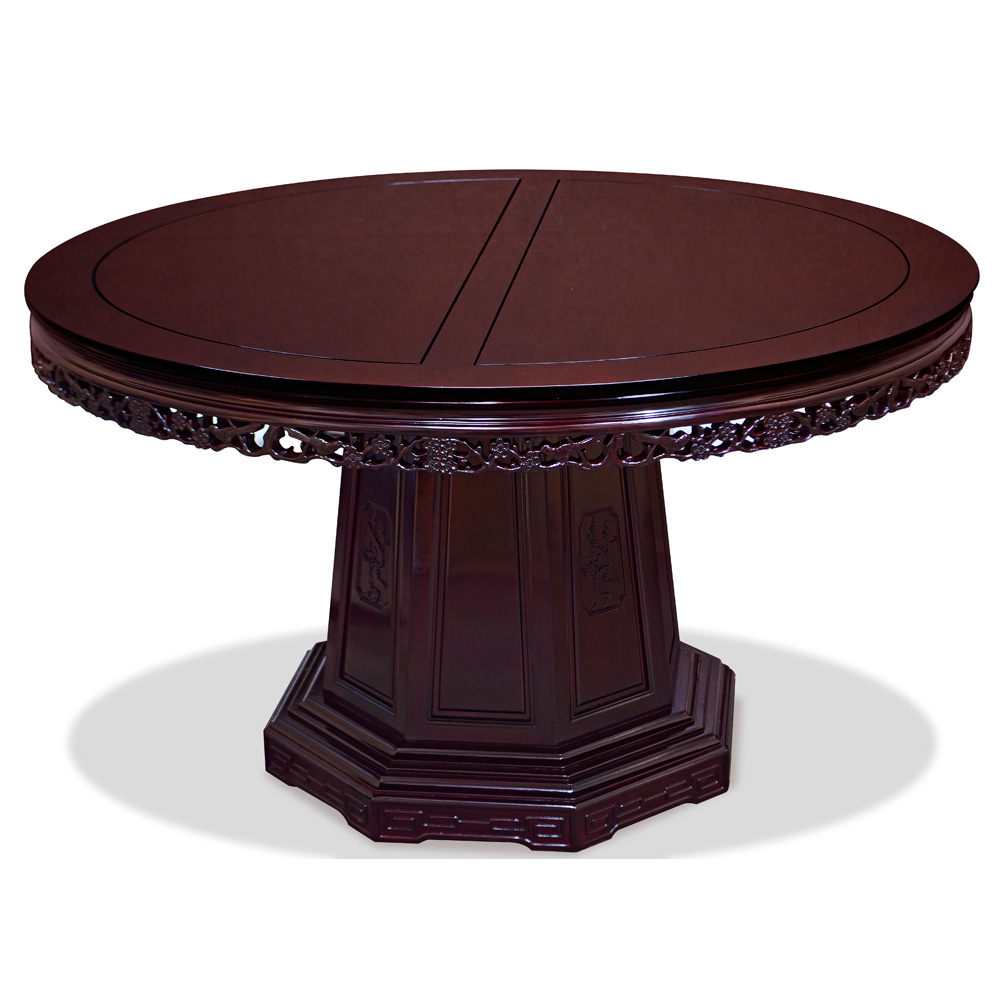Cherry Rosewood Round Oriental Dining Set with 8 Chairs