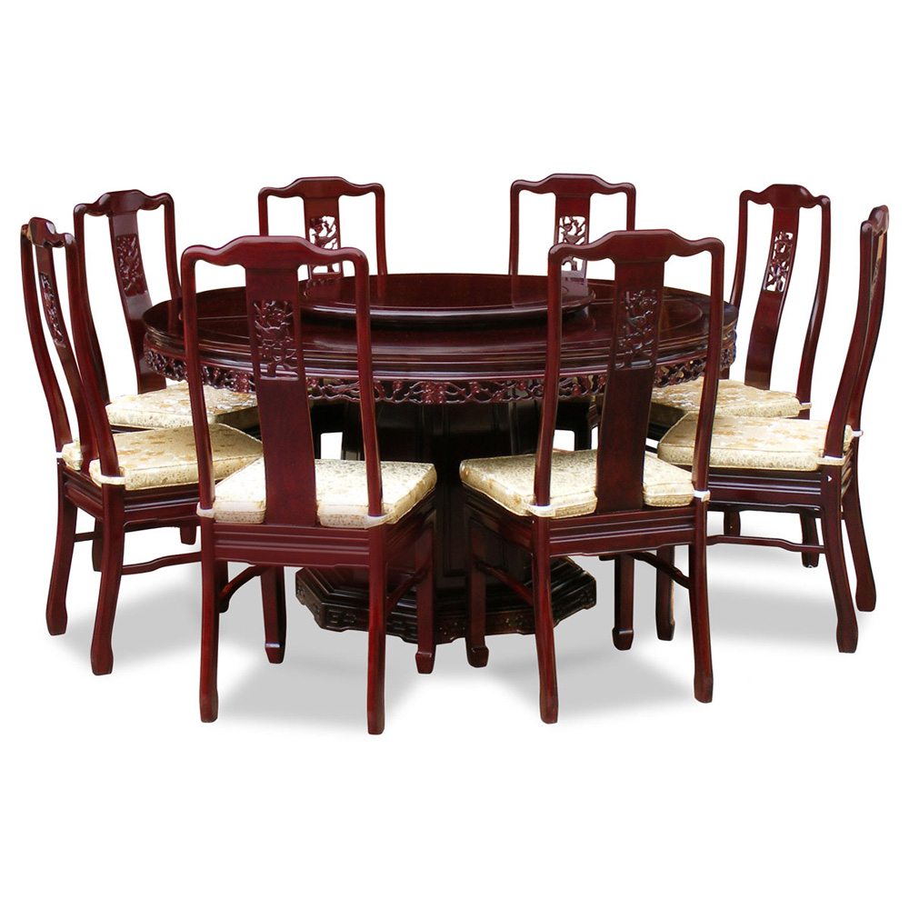 Dark Cherry Rosewood Flower and Bird Round Oriental Dining Set with 8 Chairs