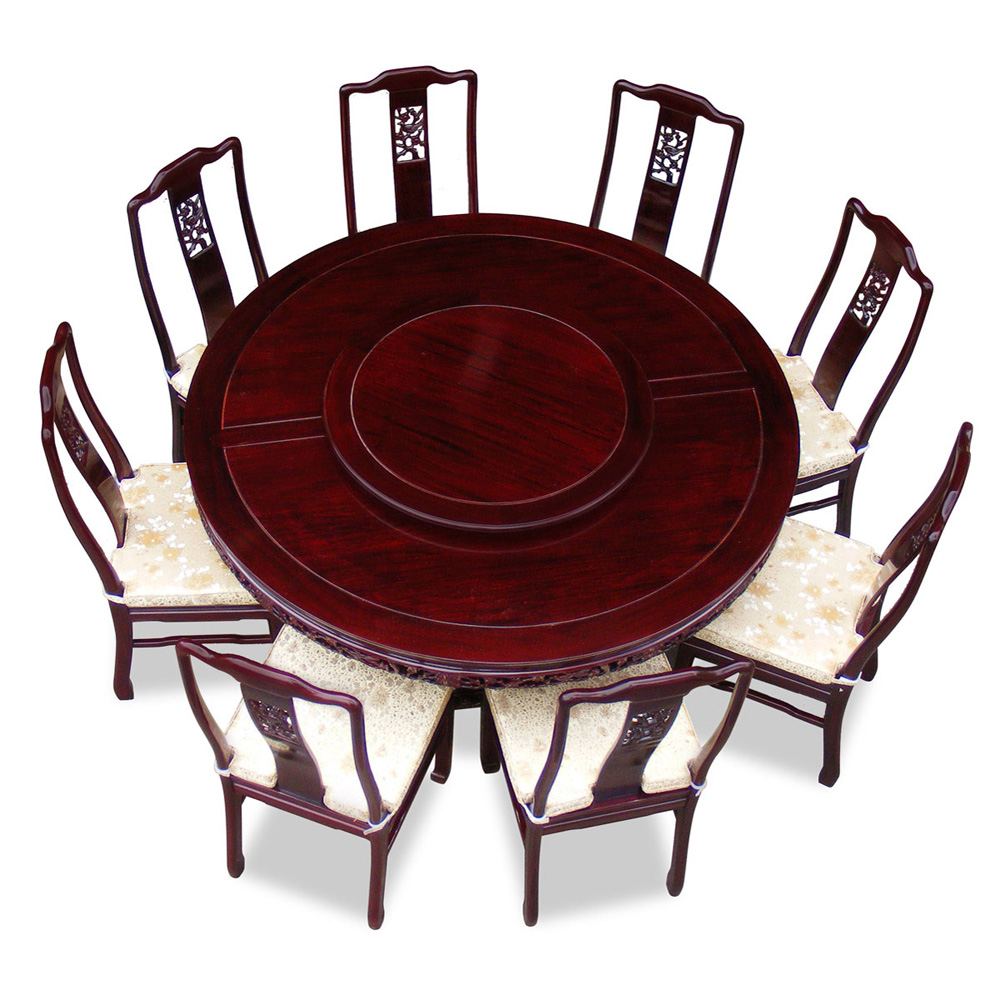 Dark Cherry Rosewood Flower and Bird Round Oriental Dining Set with 8 Chairs
