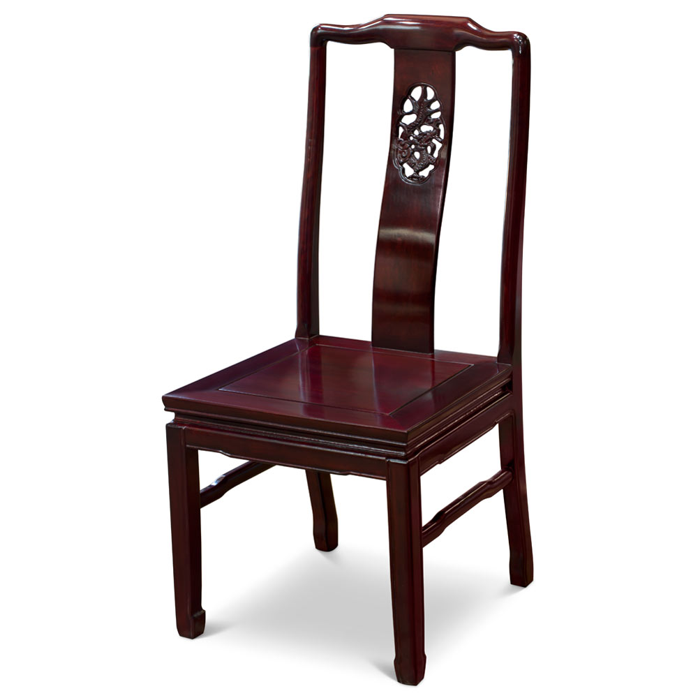 60in Dark Cherry Finish Rosewood Dragon Motif Round Oriental Dining Set with 6 Chairs