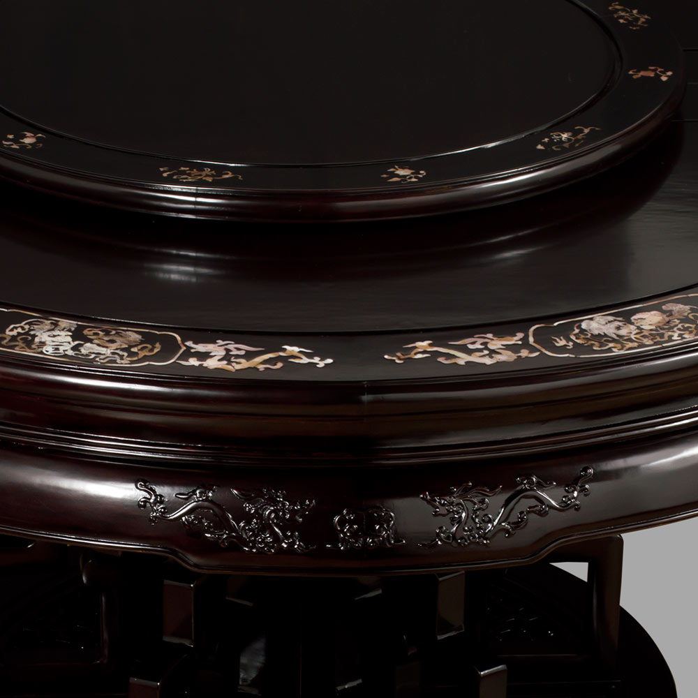 Dark Cherry Rosewood Mother of Pearl Motif Round Oriental Dining Set with 8 Chairs