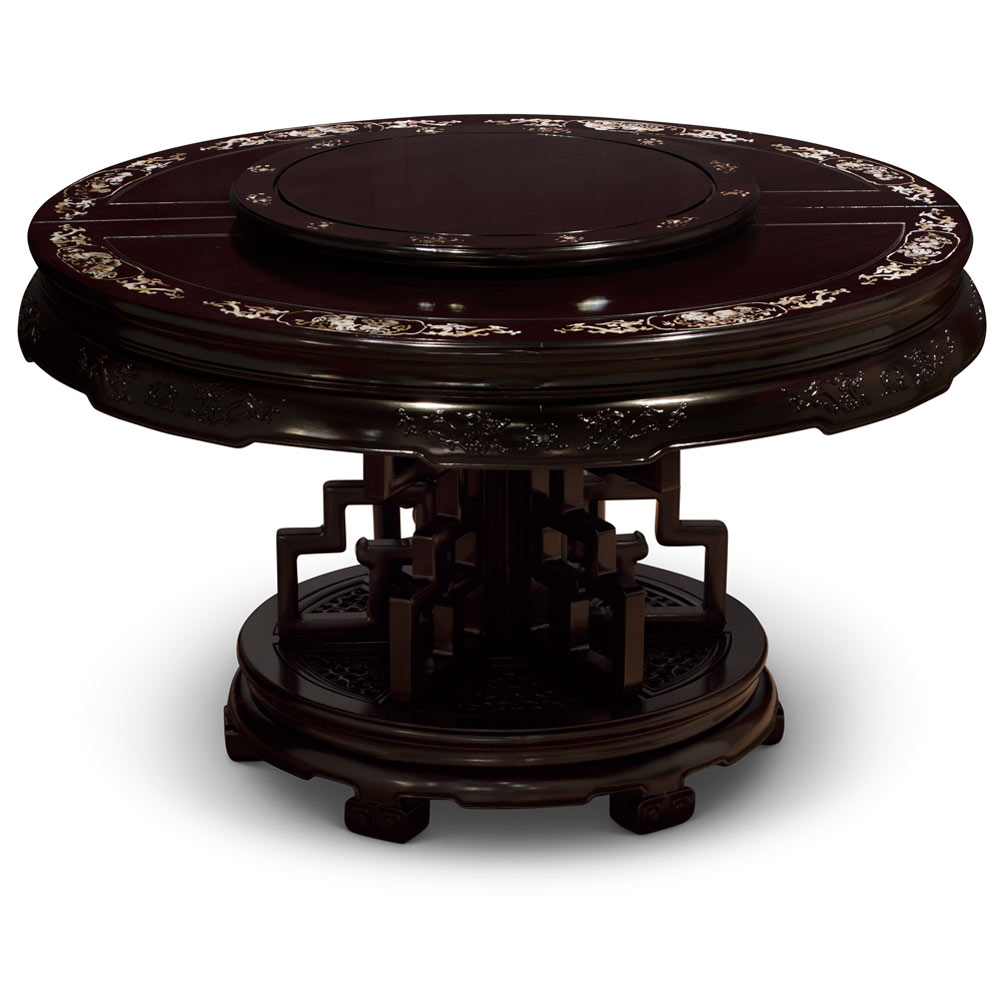 Dark Cherry Rosewood Mother of Pearl Motif Round Oriental Dining Set with 8 Chairs