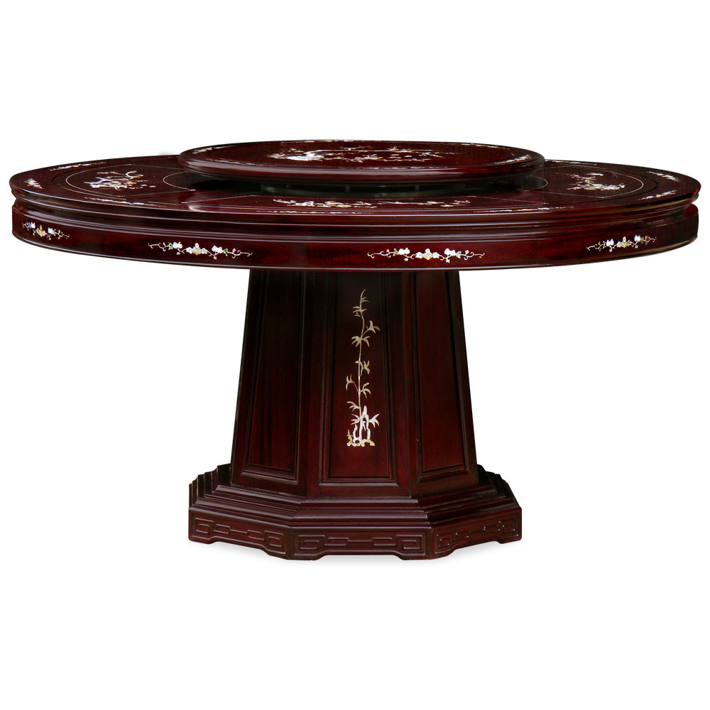 Dark Cherry Rosewood Mother of Pearl Inlay Round Dining Set with 8 Chairs
