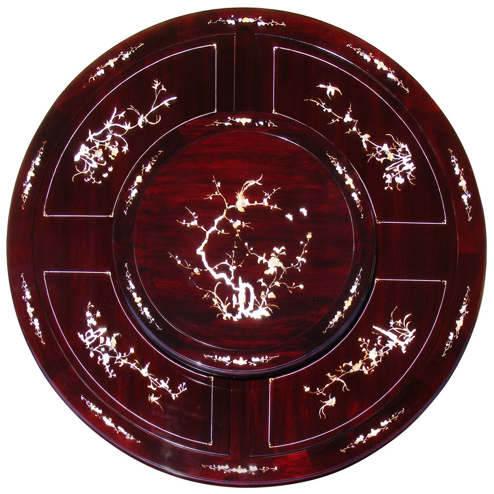 Dark Cherry Rosewood Queen Anne Dragon With Mother of Pearl Inlay Round Dining Set with 8 Chairs