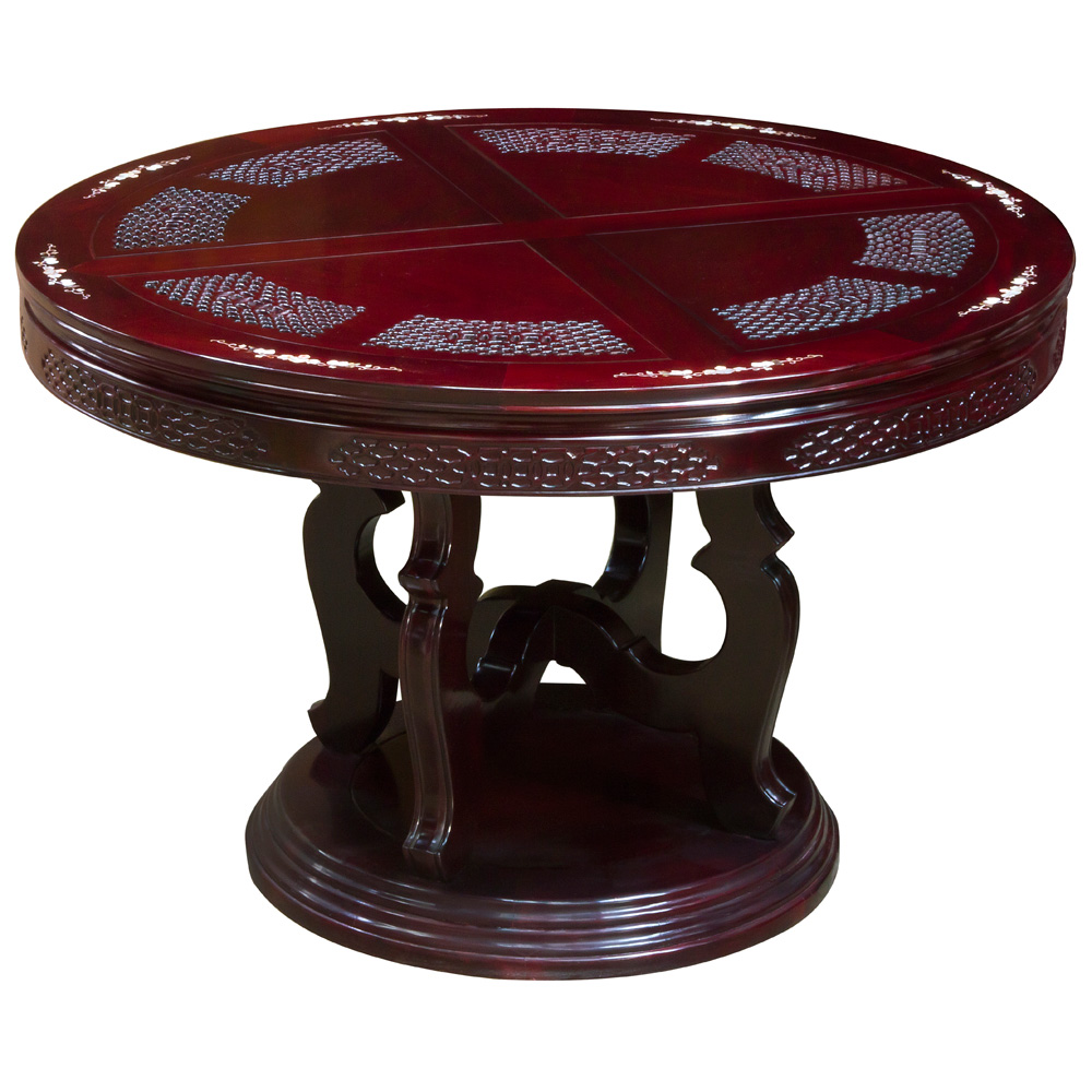Dark Cherry Rosewood Flower and Bird Mother of Pearl Inlay Round Dining Set with 6 Chairs
