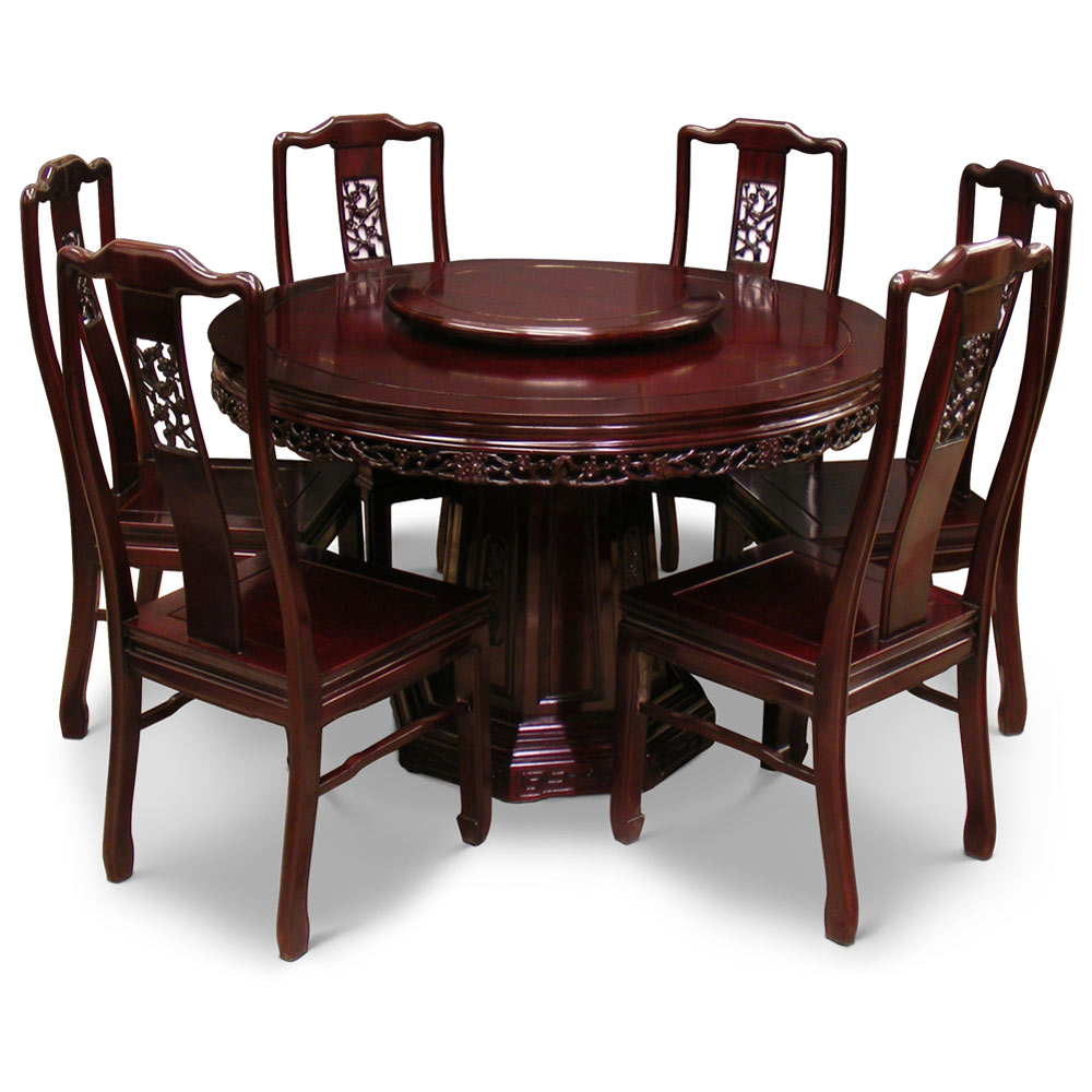 Dark Cherry Rosewood Flower and Bird Round Oriental Dining Set with 6 Chairs