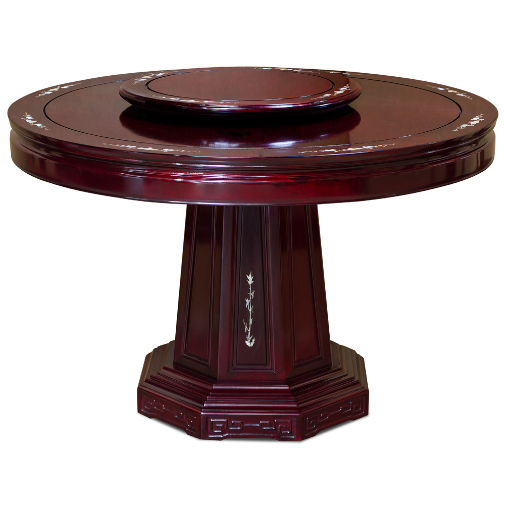 Dark Cherry Rosewood Mother of Pearl Inlay Round Dining Set with 6 Chairs