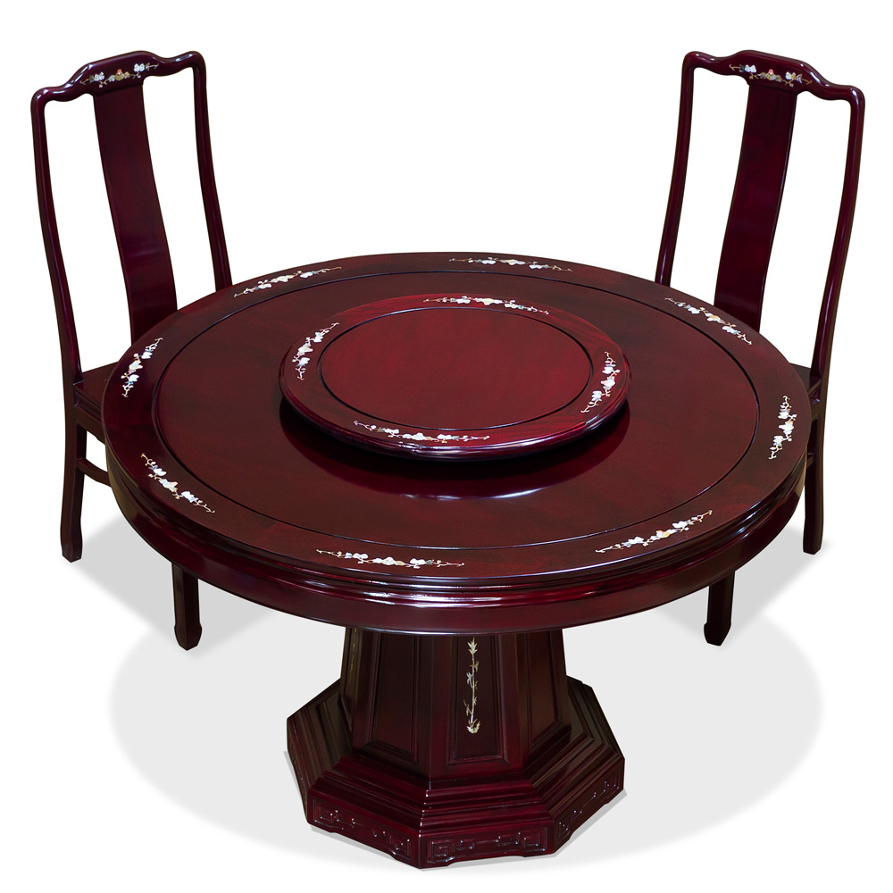 Dark Cherry Rosewood Mother of Pearl Inlay Round Dining Set with 6 Chairs