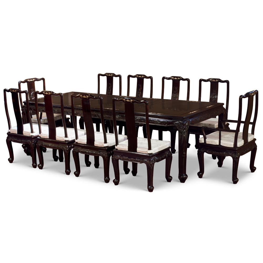 100in Black Ebony Elephant and Fish Motif with Mother of Pearl Inlay Oriental Dining Set with 10 Chairs - with FREE Inside Delivery
