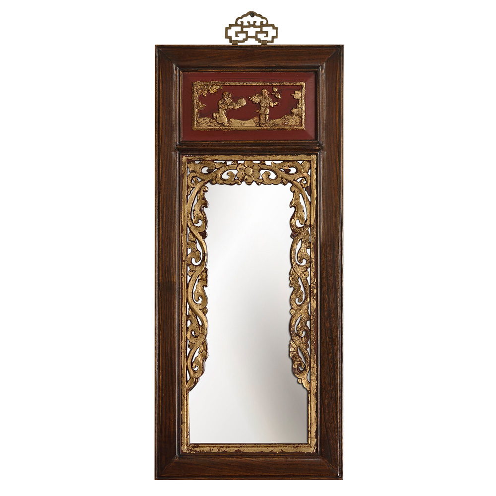 Antique Dark Brown Gilded Elmwood Panel Oriental Mirror