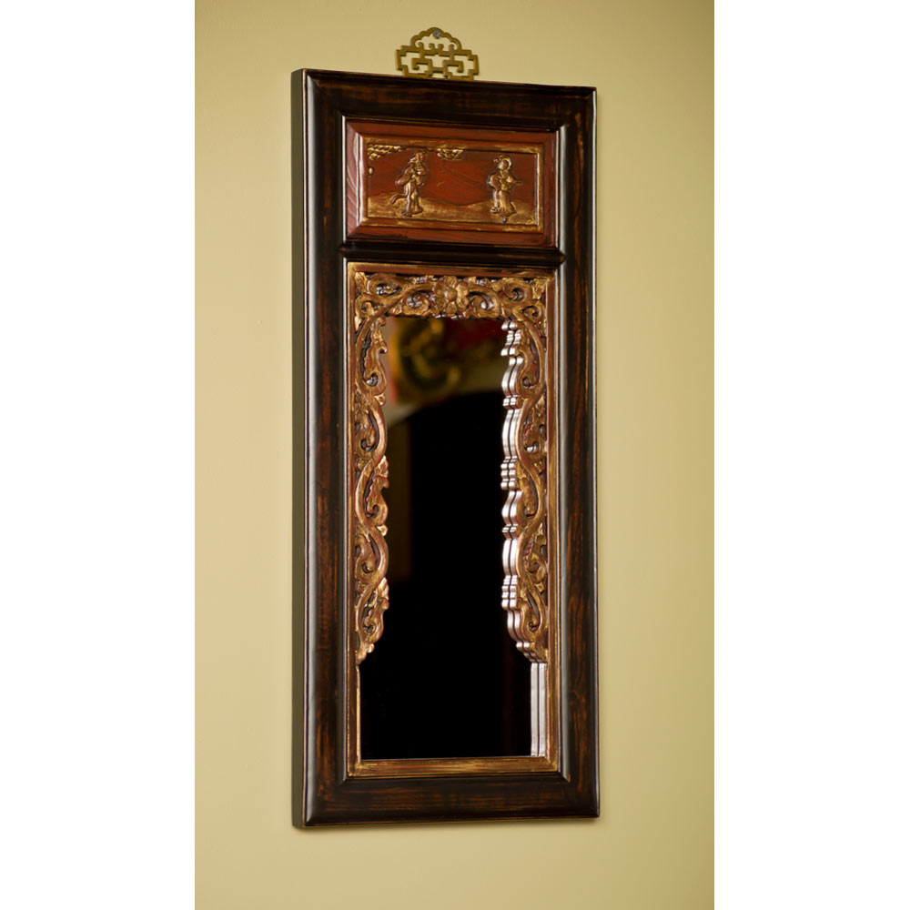 Antique Dark Brown Gilded Elmwood Panel Oriental Mirror