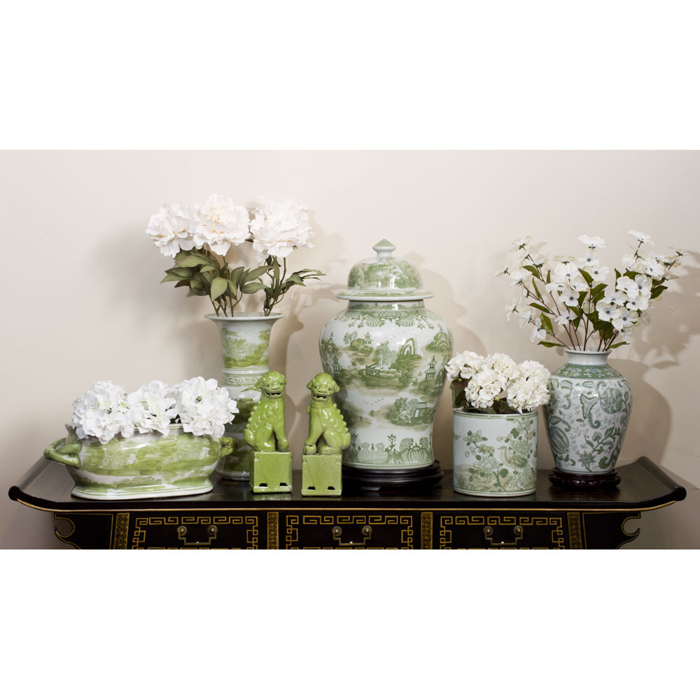 Green Chinoiserie Bird and Flower Motif Planter Vase