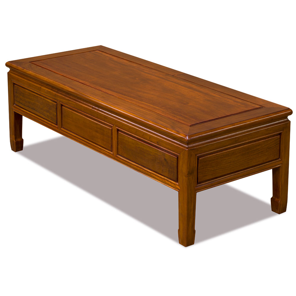 Natural Finish Rosewood Dragon Motif Rectangular Chinese Coffee Table with Three Drawers
