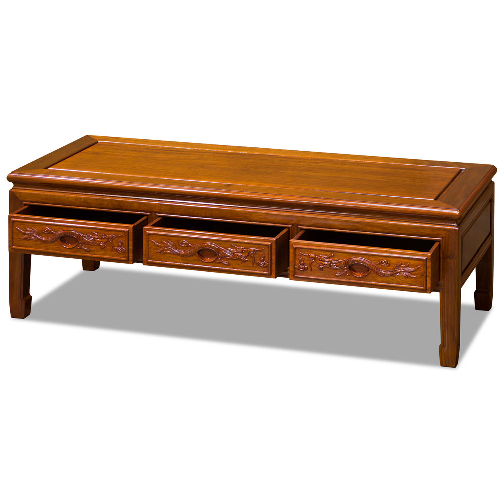 Natural Finish Rosewood Dragon Motif Rectangular Chinese Coffee Table with Three Drawers