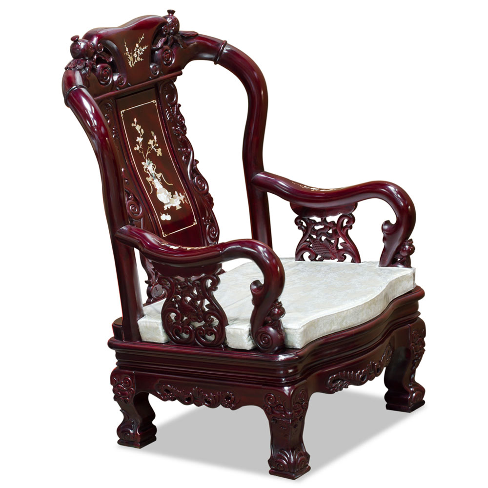 Dark Cherry Chinese Mother of Pearl Inlay Rosewood Royal Palace Armchair