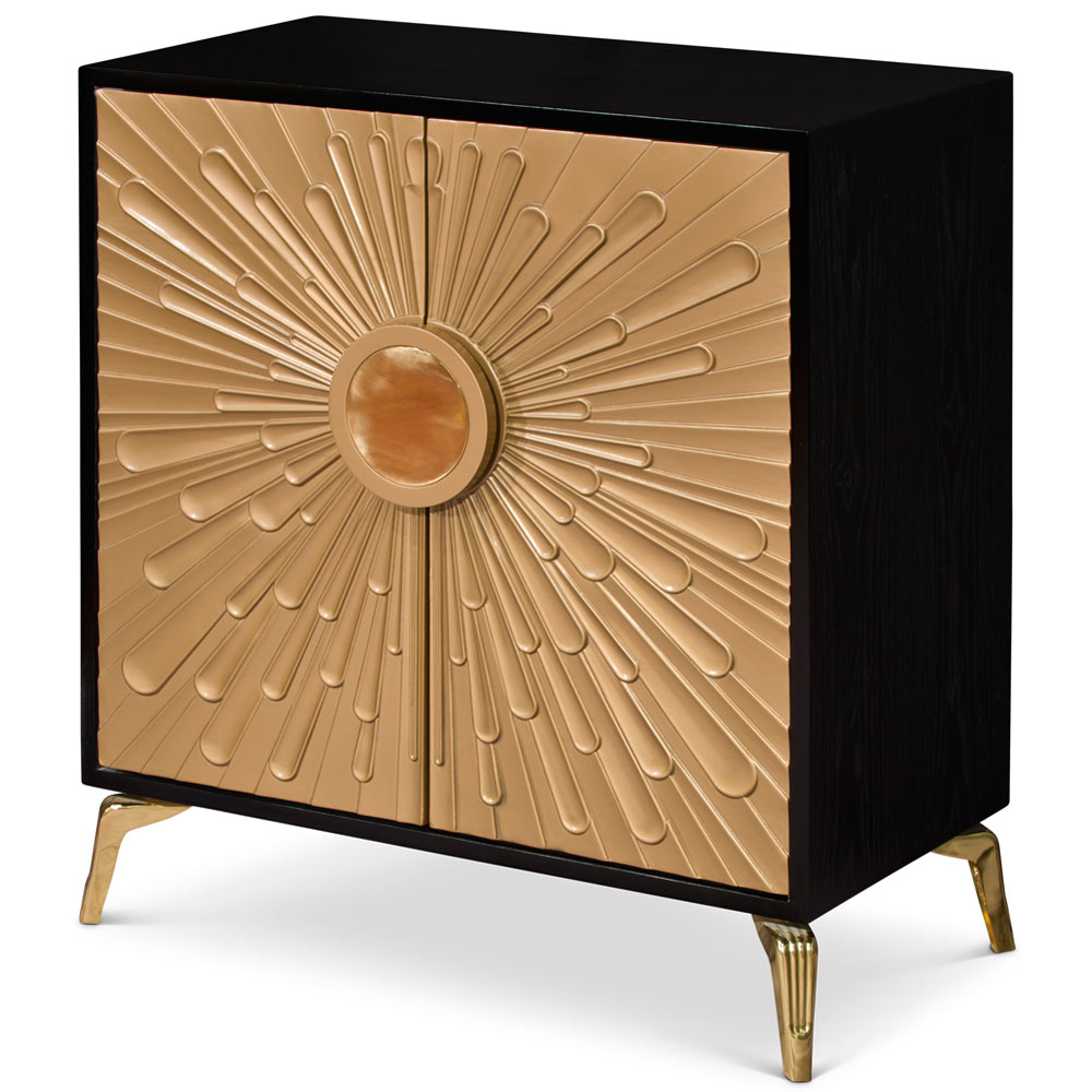 Gold and Black Sun Motif Zen Modern Asian Cabinet