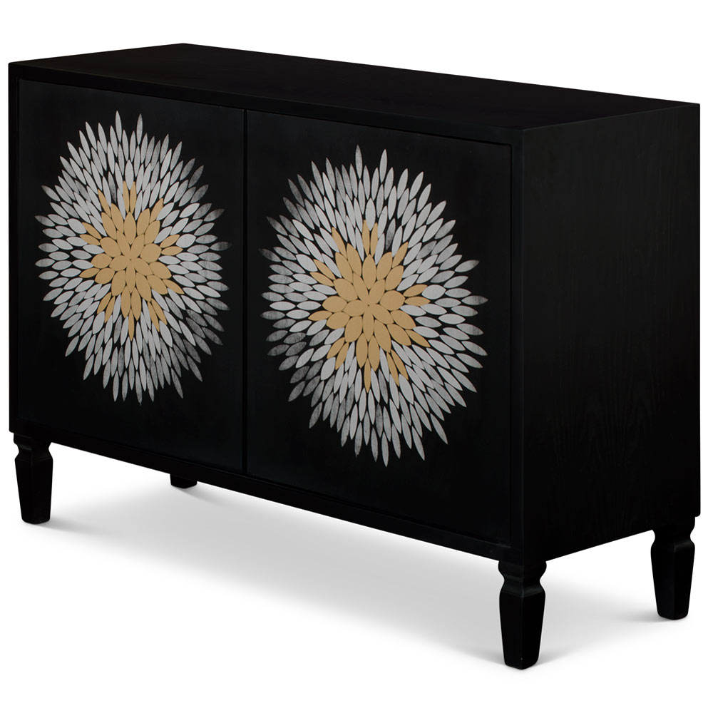 Black Flower Motif Modern Asian Vanity Cabinet