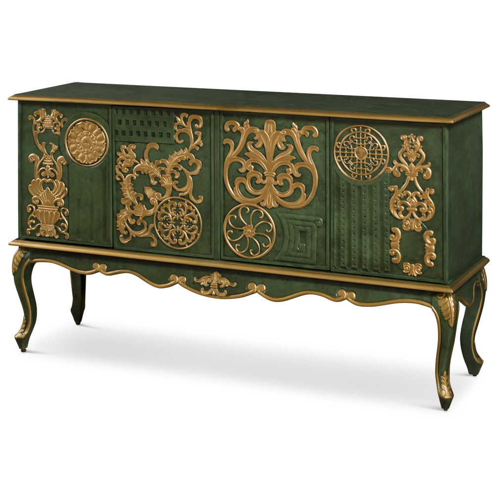 Emerald Green Zen Modern Asian Cabinet with Embossed Gold Flower Pattern
