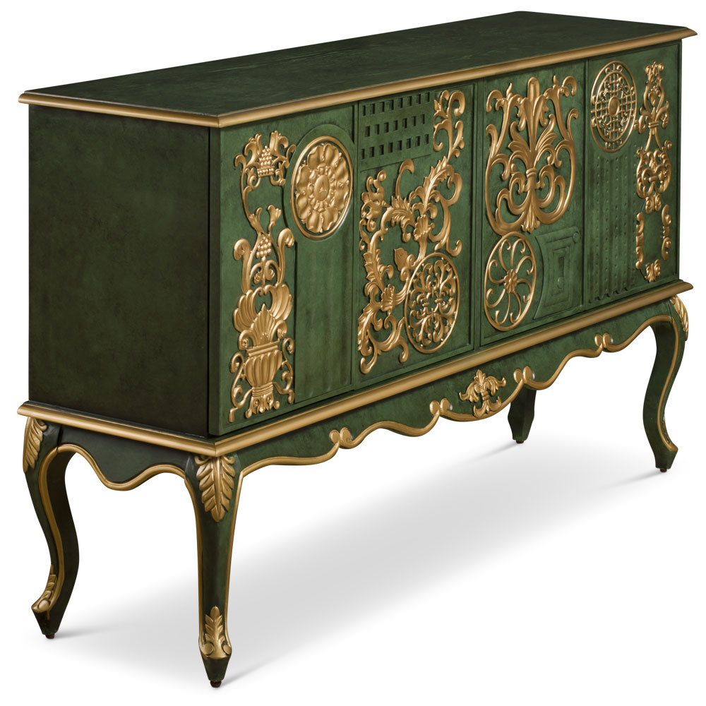 Emerald Green Zen Modern Asian Cabinet with Embossed Gold Flower Pattern