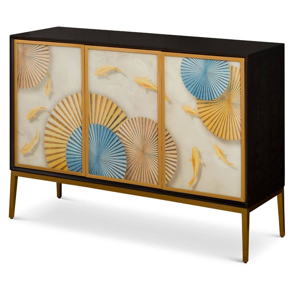 Koi Motif Zen Modern Asian Cabinet with Brass Frame