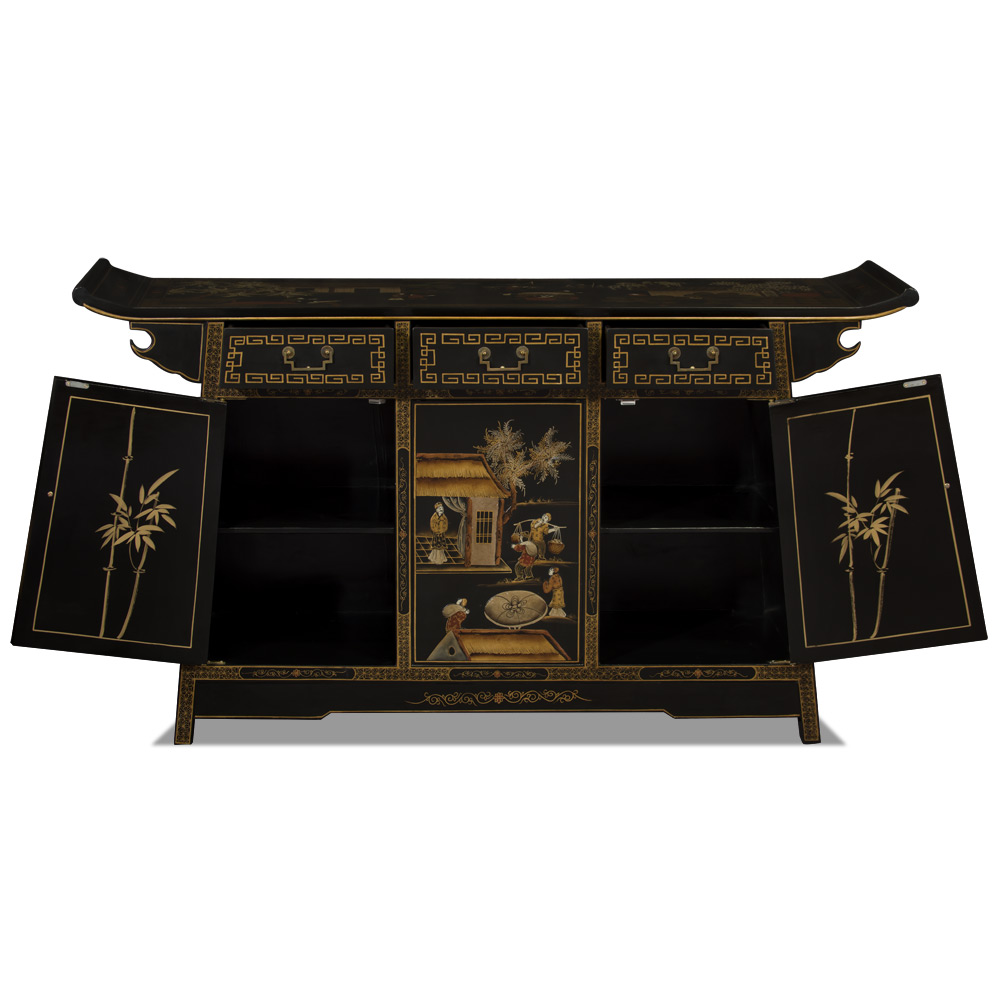 Hand painted Matte Black Chinoiserie Courtyard Motif Chinese Altar Cabinet