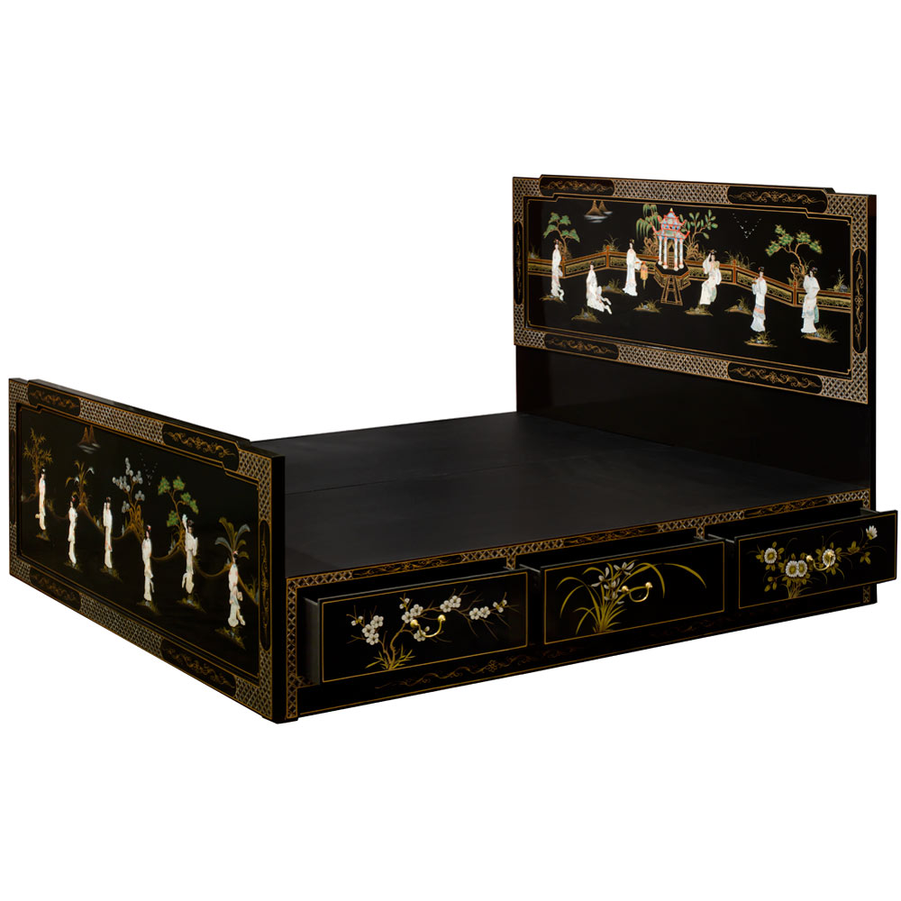 Black Lacquer King Size Mother of Pearl Oriental Platform Bed