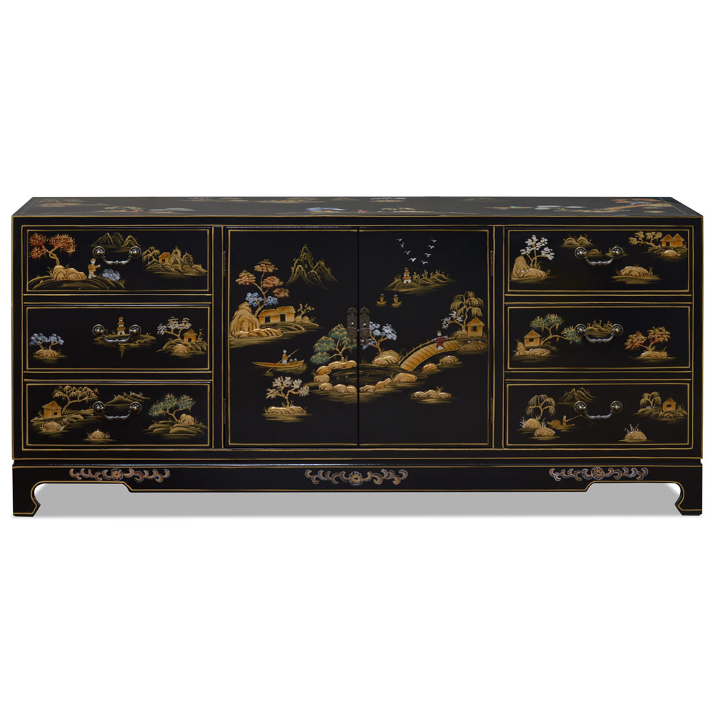Black Lacquer Chinoiserie Scenery Motif Sideboard