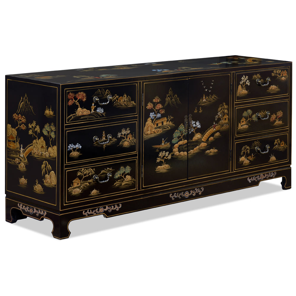 Black Lacquer Chinoiserie Scenery Motif Sideboard
