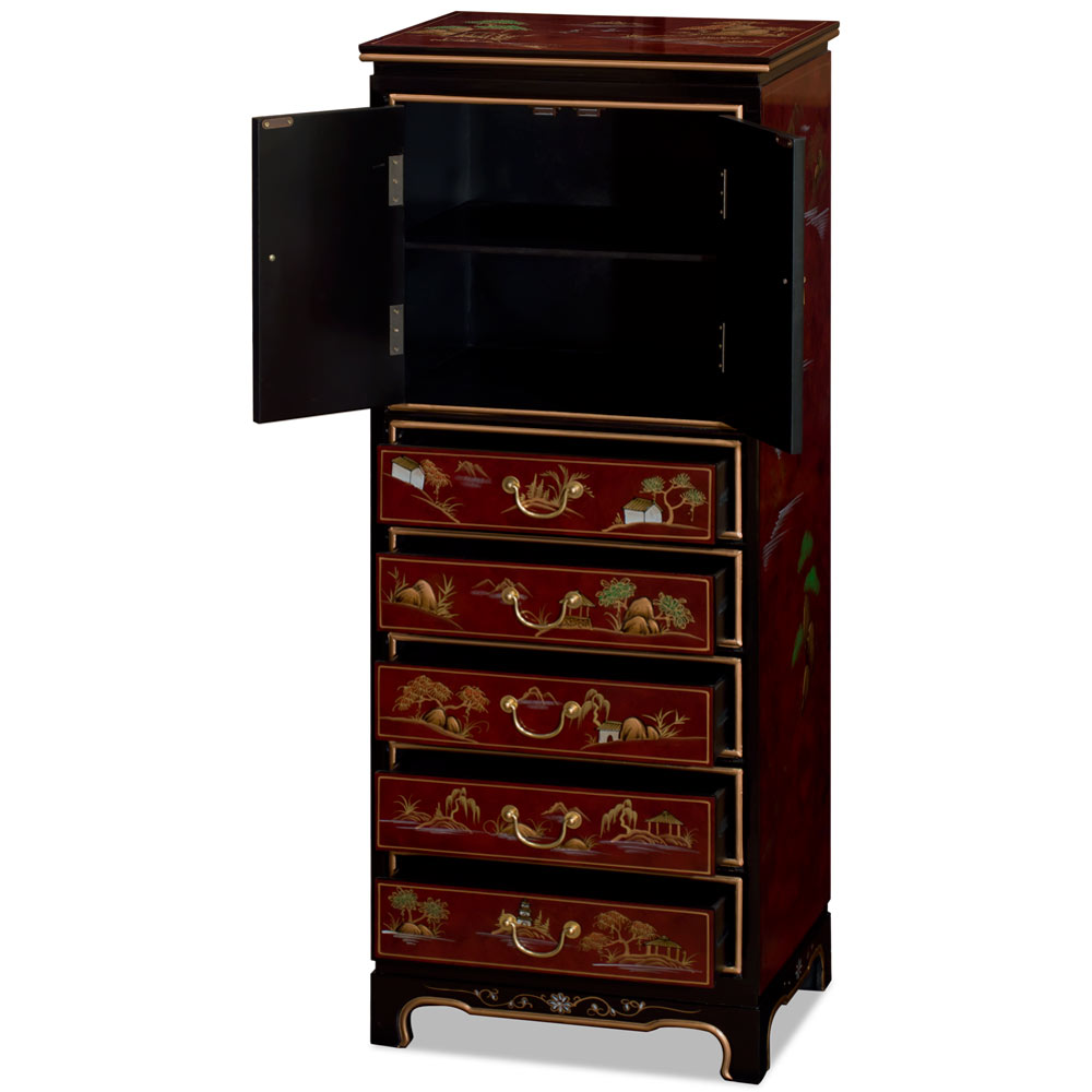 Maroon Lacquer Chinoiserie Scenery Chinese Chest with 5 Drawers