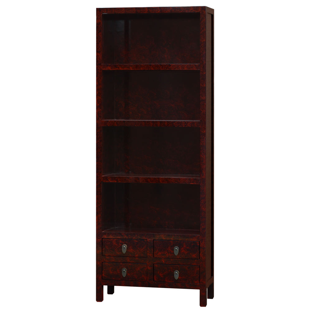 Maroon Lacquer Chinese Bookcase with 4 Drawers