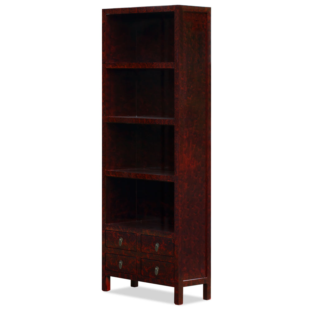 Maroon Lacquer Chinese Bookcase with 4 Drawers